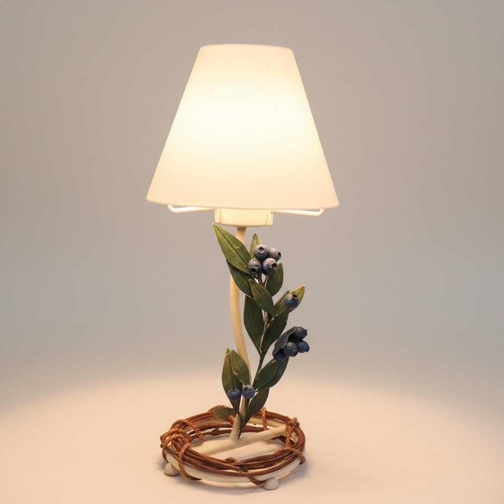 Candle holder lamp with blueberries, metal with frosted glass lampshade, vintage